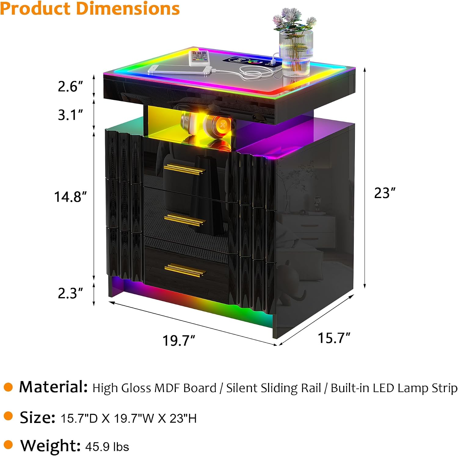 LED Nightstand - Bedside Table with Charging Station and 2 Mirrored Drawers Sliding Top with Magnetic Lock - Modern Night Stand for Bedroom & Living Room (Black LED)