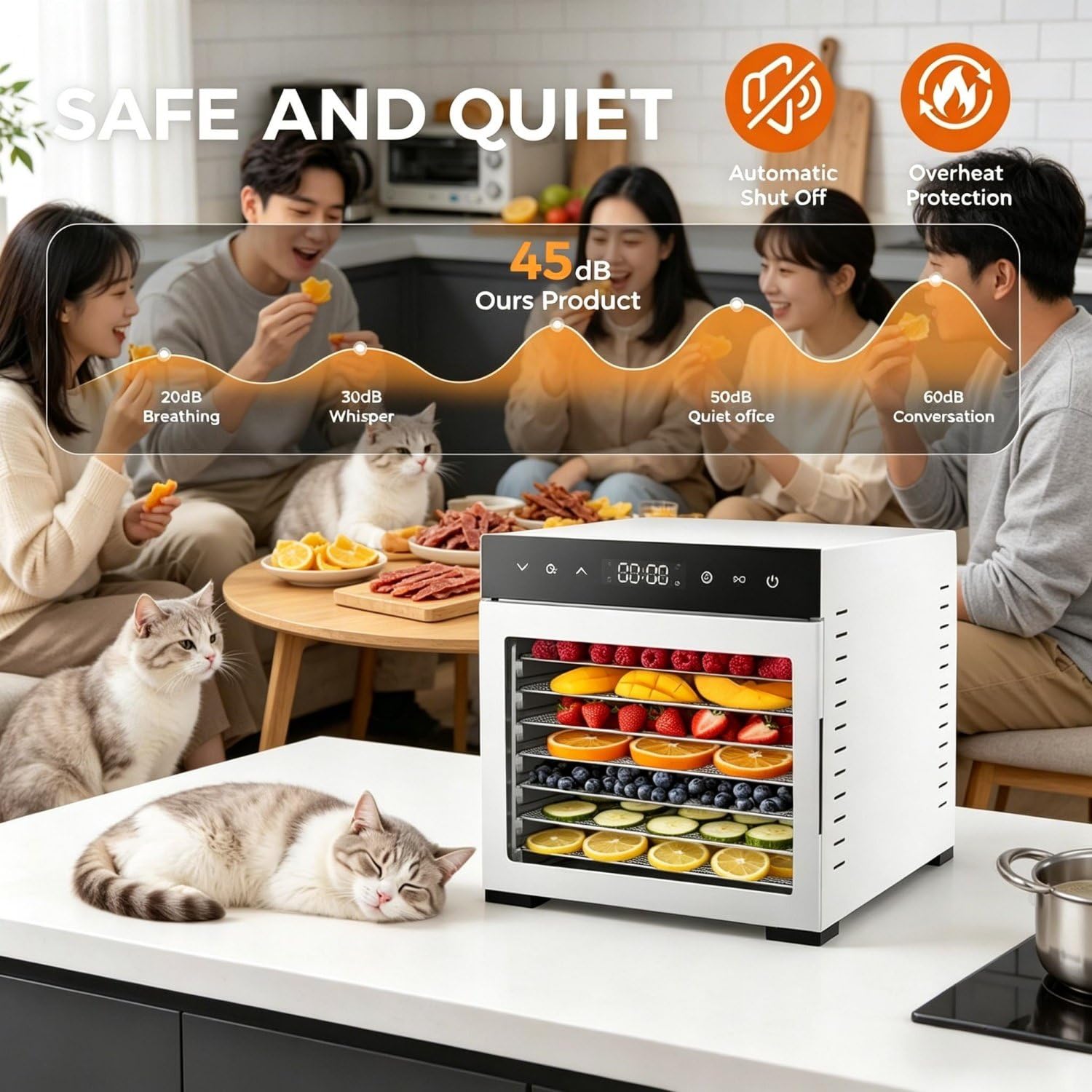 Deshidratador de Alimentos, deshidratador de Carne de Acero Inoxidable, Temporizador Ajustable y Control táctil de Temperatura, para cecina, Frutas, Verduras y champiñones.