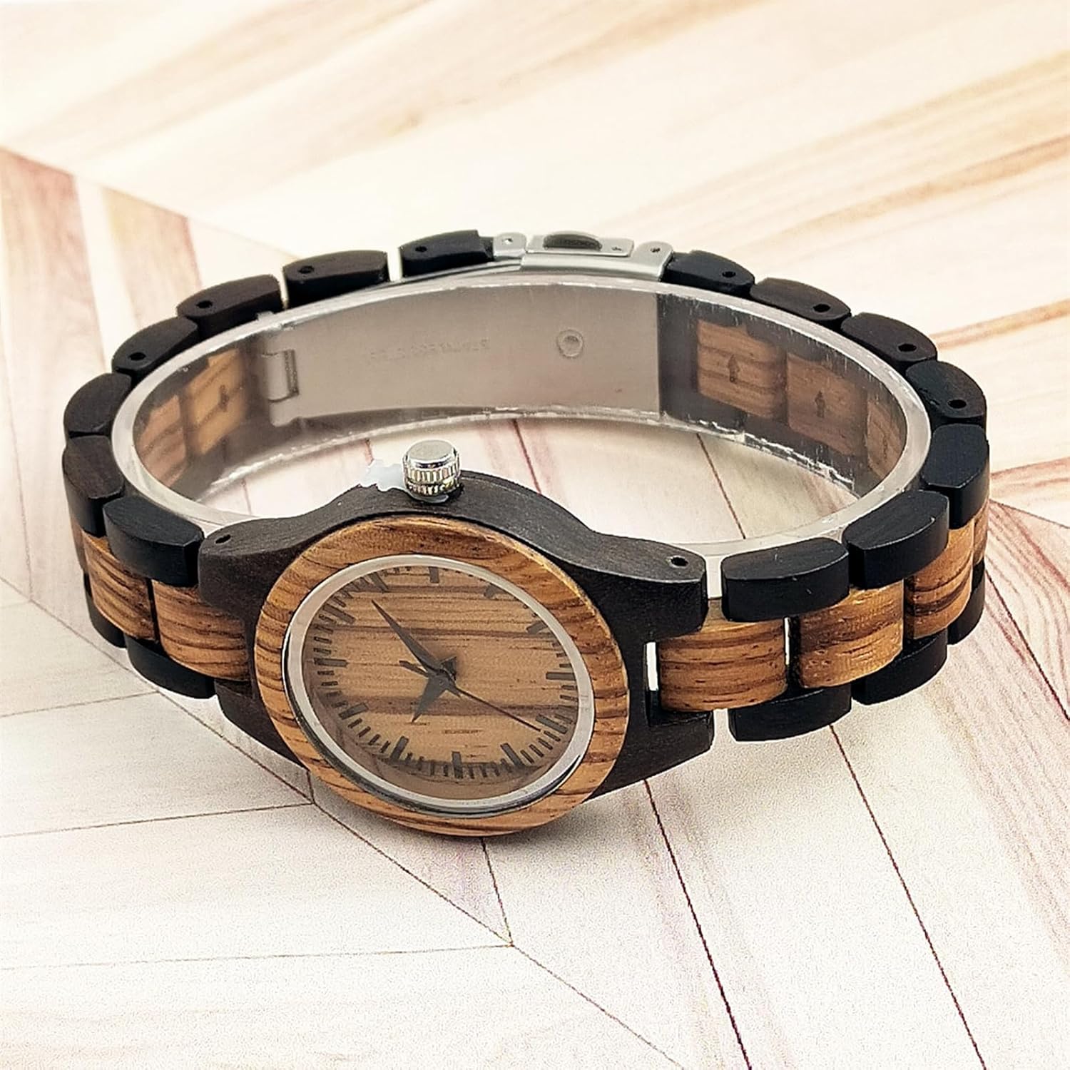 Women's Wooden Watch Lightweight Analog Handmade Quartz Wood Watches Brown Dial Adjusted Band with Extra Links