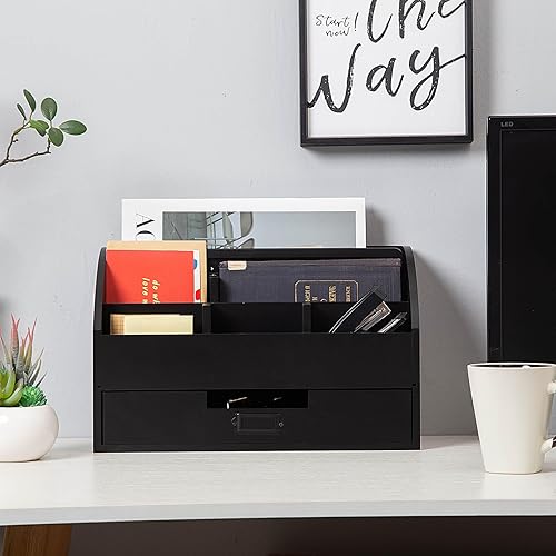 Miniatura 2 de canwedance Organizador de escritorio de oficina de madera rústica envejecida, 5 compartimentos con 2 cajones y mostrador, estante de correo de