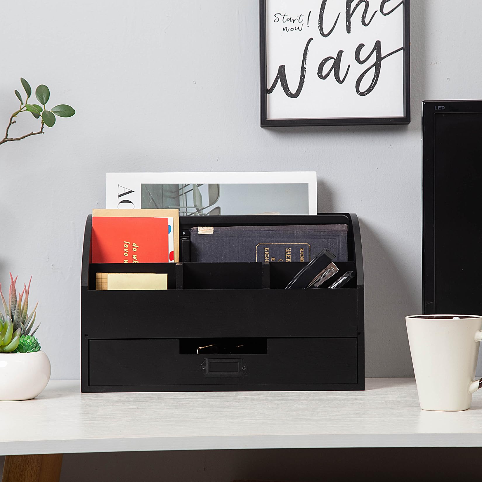 canwedance Distressed Rustic Wooden Office Desk Organizer 5 Compartment with 2 Drawer &Counter Desk Tabletop Desktop Mail Rack, Pens, Notebooks, Folders, Pencils and Office Supplie(black)