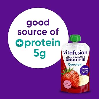vitafusion Vitamin-Boosted Smoothie +Protein for Energy Metabolism and Immune Support, Strawberry Banana Flavor Excellent Source of Vitamins C, D, and B12, 3.5oz, 6 Count