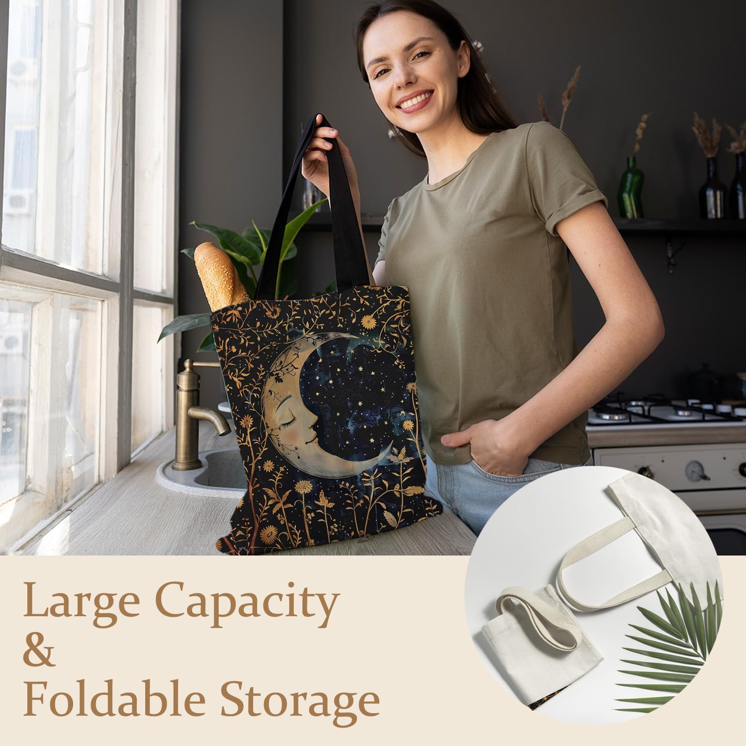 Boho Floral Crescent Moon Tote Bag, Witchy Gothic Moon and Stars Canvas Tote Bags for Women, Mystical Celestial Boho Botanical Reusable Grocery Shopping Bags - Image 5