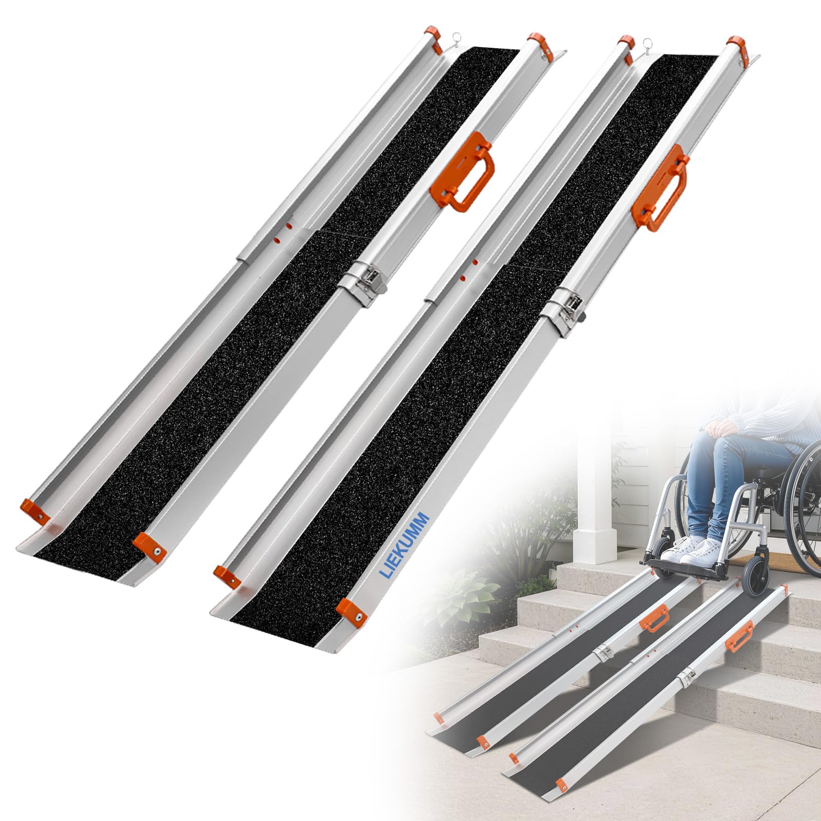 LIEKUMM Rampa per Sedia a Rotelle,183 cm Rampe di Carico Telescopiche in alluminio, Portata 300 kg per Rampa per Disabili, Sedie a Rotelle Manuali, Confezione da 2