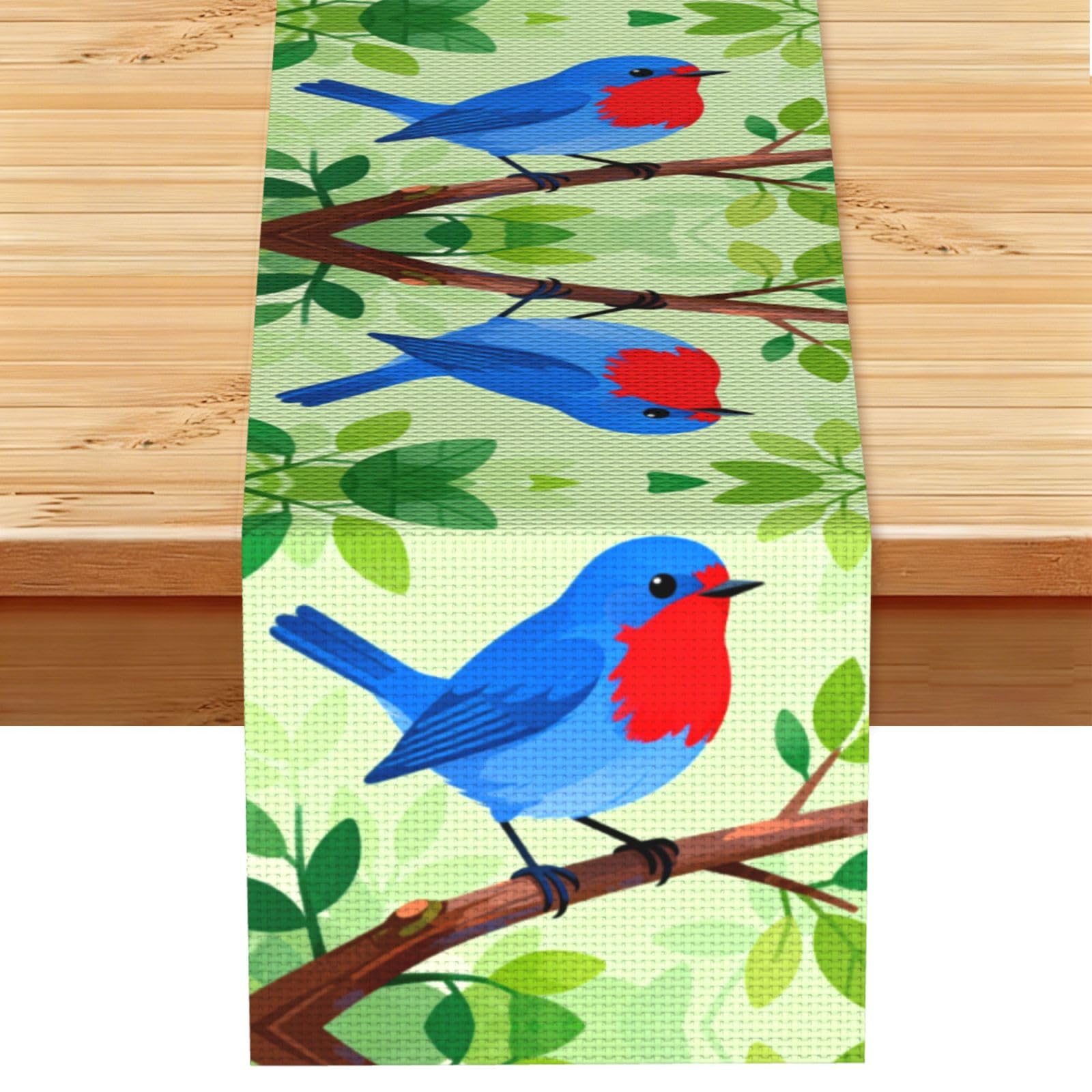 Blue Bird Branch Linen Look Table Runner 13x72-Wrinkle Resistant Farmhouse Style for Dining Table Decor