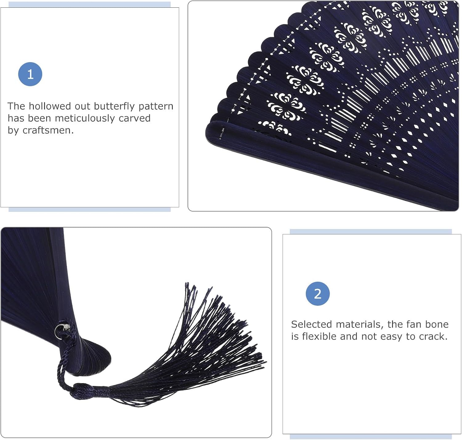 Blue Folding Hand Fan with Hollow Carved Frames, Traditional Chinese Style Folding Fan for Cooling and Comfortable Grip, for Wedding or Birthday Party Accessories