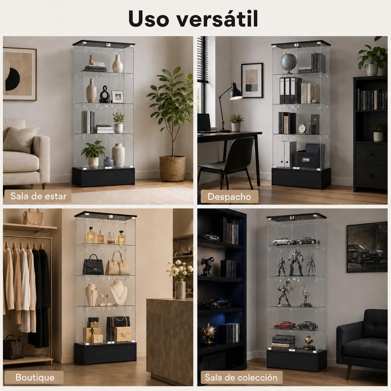 Vitrina de Cristal con Cajón Inferior, 4 Niveles, Estantes de Vidrio y Marco Negro, 69,9 x 35,3 x 179,8 cm, para Coleccionables, Figuras y Decoración
