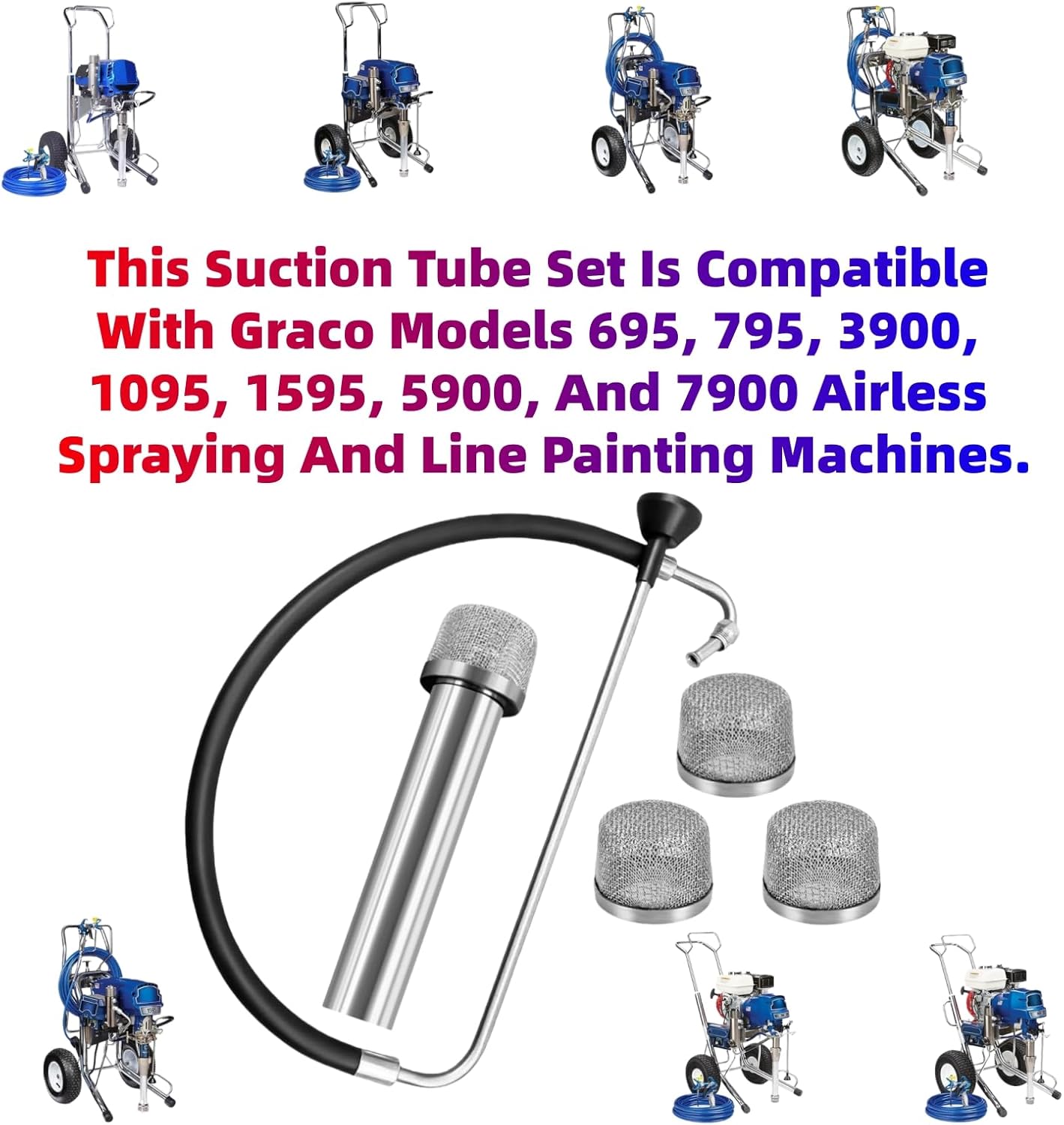 Replaces for Graco 695 Suction Hose & Reflux Line Sets - with 4PK 181072 1" NPT Thread Pump Inlet Strainer Screen Filters - Fits Graco 795 3900 1095 1595 5900 7900 Airless Paint Sprayer Accessories