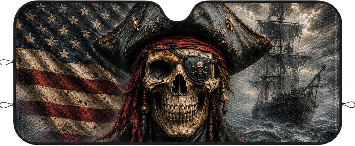 ThangPham Shop Pirate Skull USA Car Sunshade, Patriotic Pirate Skull Windshield Sun Shade, America Flag Gothic Front Window Cover