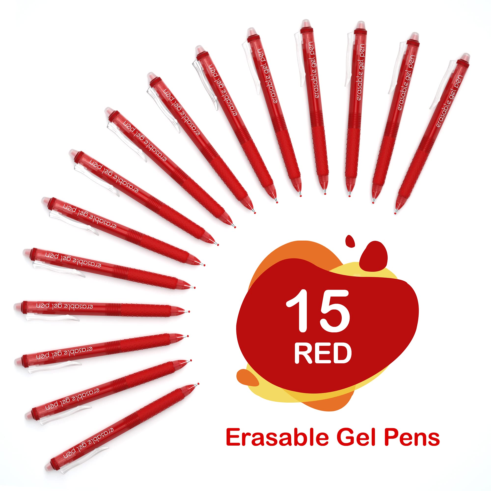 Lineon Lot de 15 stylos à encre gel rétractables rouges effaçables à pointe fine pour faire disparaître les erreurs, encre rouge pour planification d'écriture, planificateur et mots croisés
