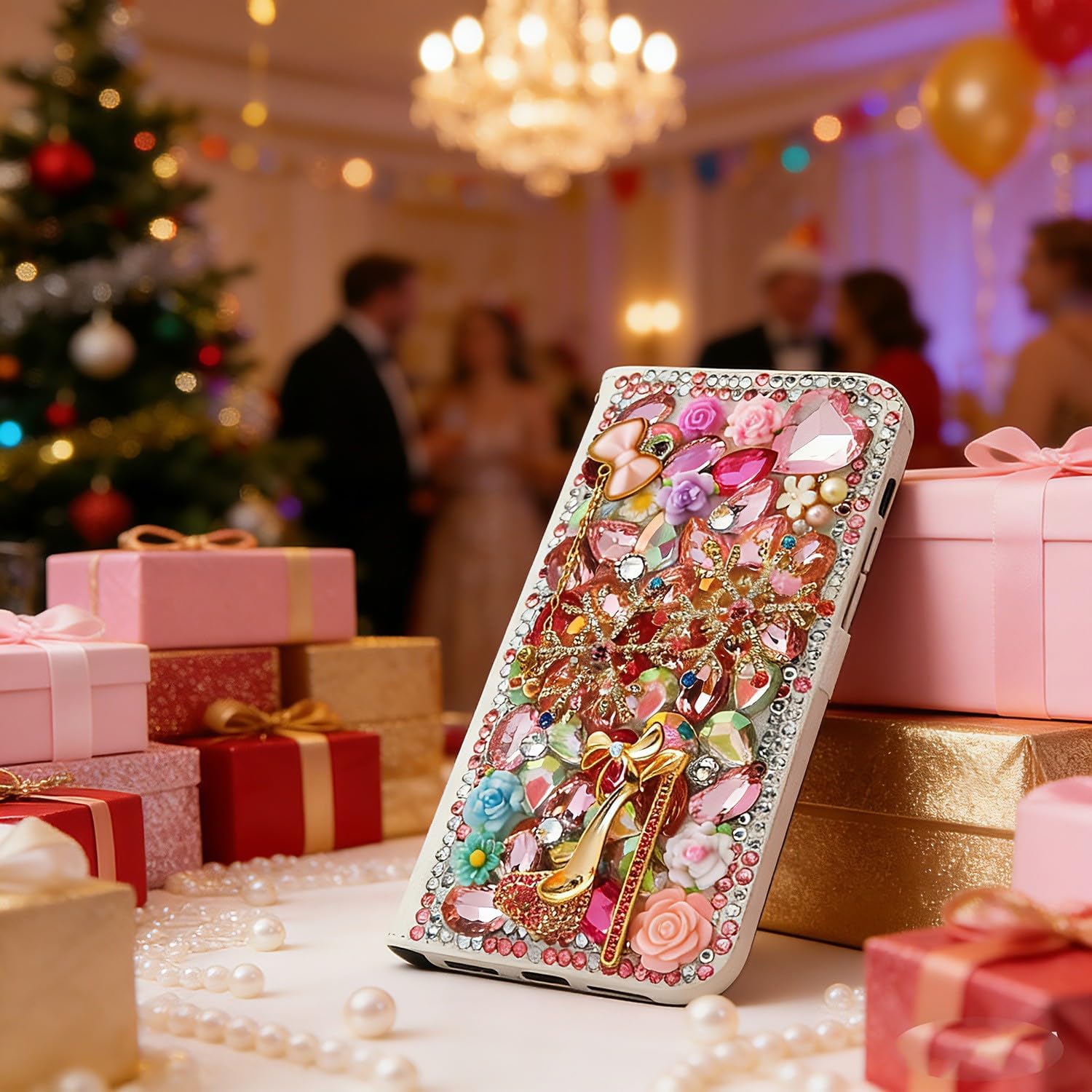 Glitter Wallet Phone Case for Moto G Stylus 5G 2026 - Women 3D Luxury Shiny Bling Leather Cover with Screen Protector, Phone Lanyard - Hot Pink High Heel Snow