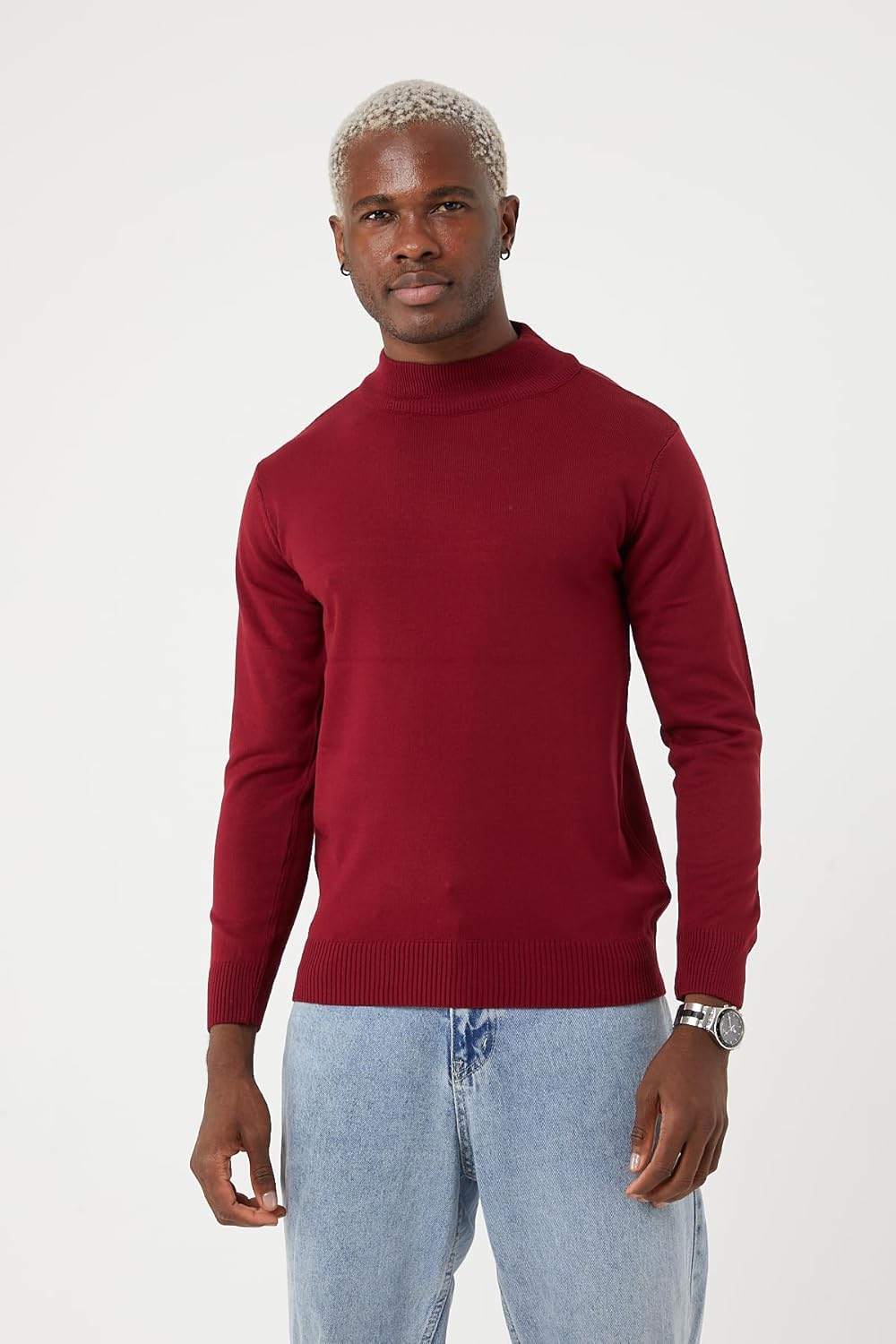 TR Premium Men's Slim Fit Wool Mock Turtleneck Sweater Lightweight & Warm Versatile Stylish Soft Touch Solid Pullover Burgundy
