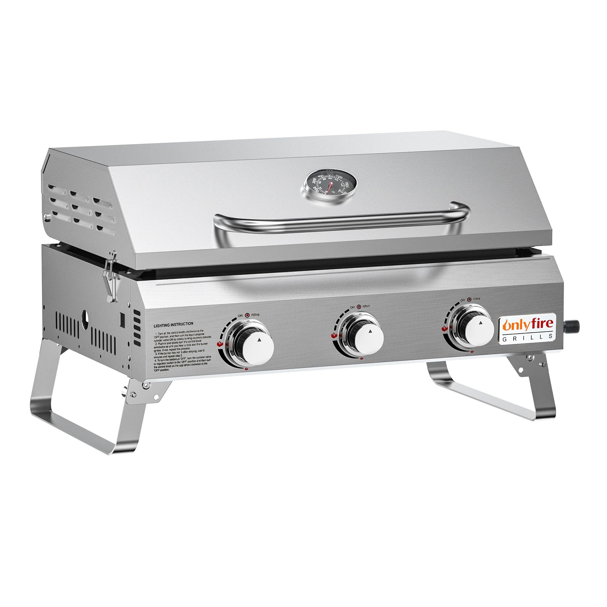 Onlyfire Tischgasgrill mit 3 Brenner | Edelstahl Plancha Gasgrill | mit Deckel, Grillplatte, Thermometer | Grillfläche 57 x 36 cm | Keramische Lackbeschichtung | BBQ Camping | Tragbarer Balkongrill