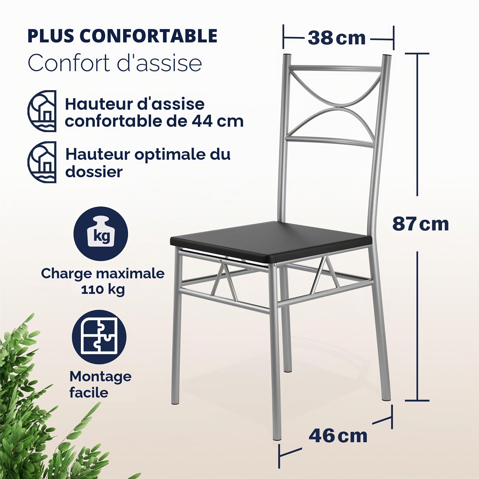 Casaria® Ensemble Table à Manger avec 4 chaises Noir Ensemble de Meubles 5 pièces pour Salle à Manger Cuisine en métal laqué MDF