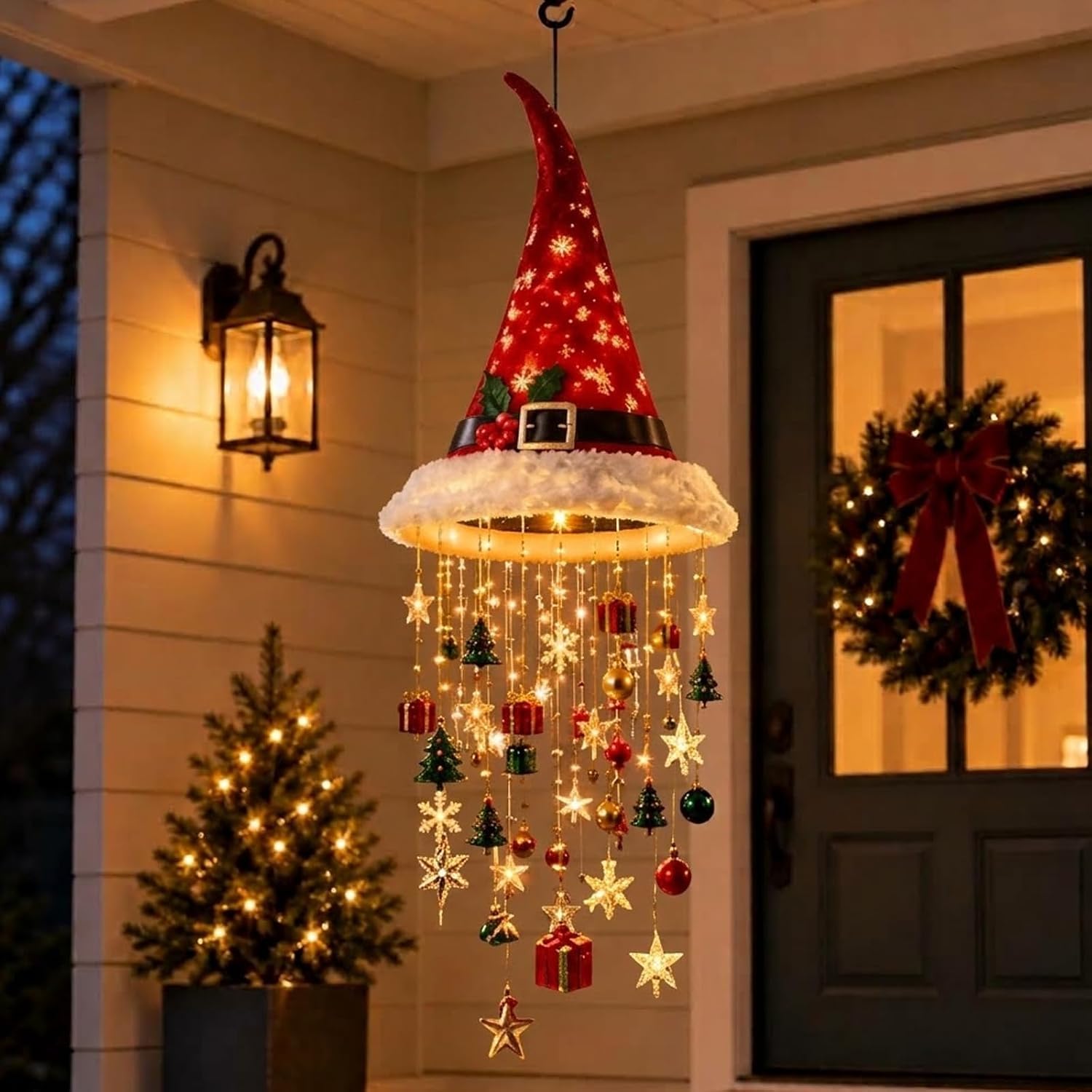 Lighted Santa Hat Chandelier Hanging Glowing Plush Lamp Warm Lights，Red A