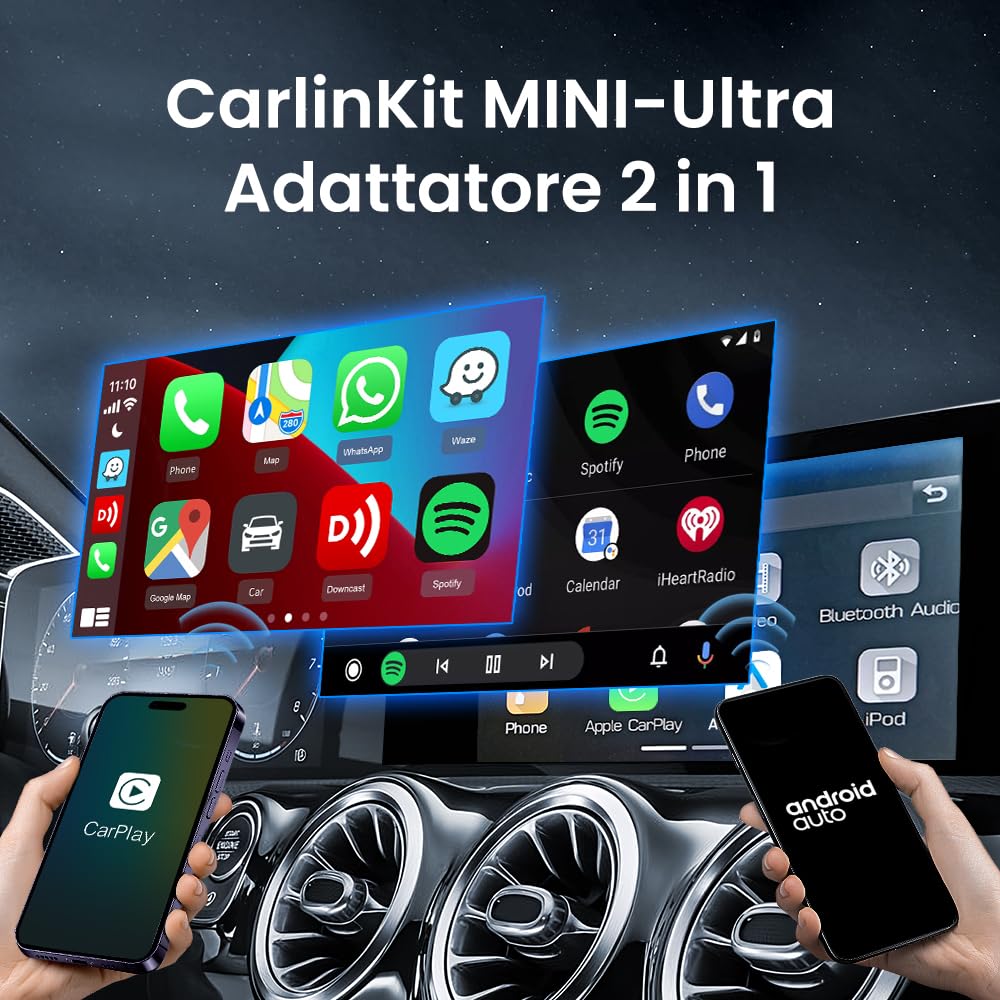 CarlinKit Adattatore auto wireless CarPlay e Android 2026, aggiorna la connessione cablata a wireless, Plug & Play con USB-A/Type-C, funziona con iPhone iOS 10+ e Android 11.0+