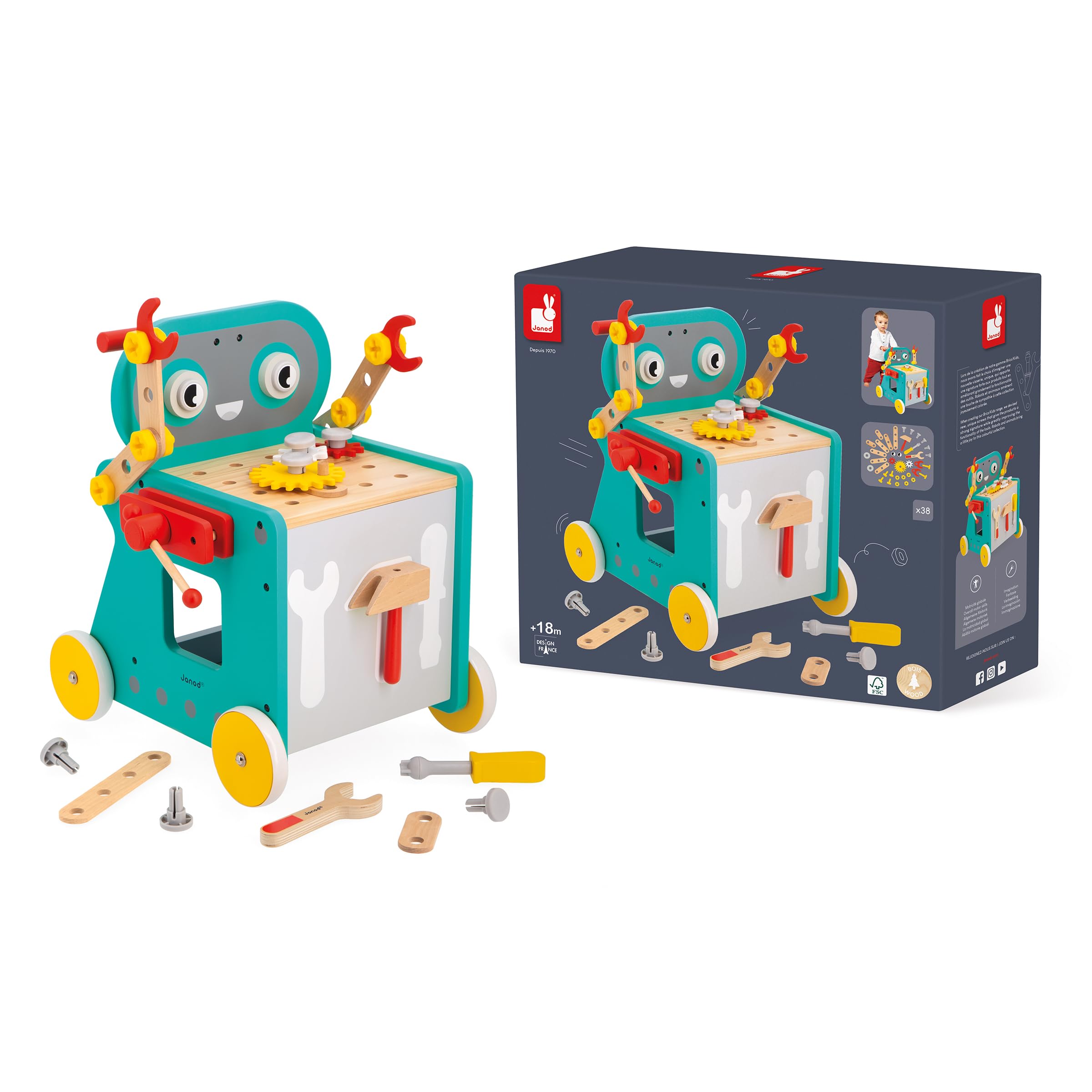 Janod - Wózek robot Brico'Kids - Dziecięca gra DIY - 38 akcesoriów + 3 narzędzia - Gra imitacyjna - Rozwija umiejętności motoryczne - Od 18 miesięcy, J06456