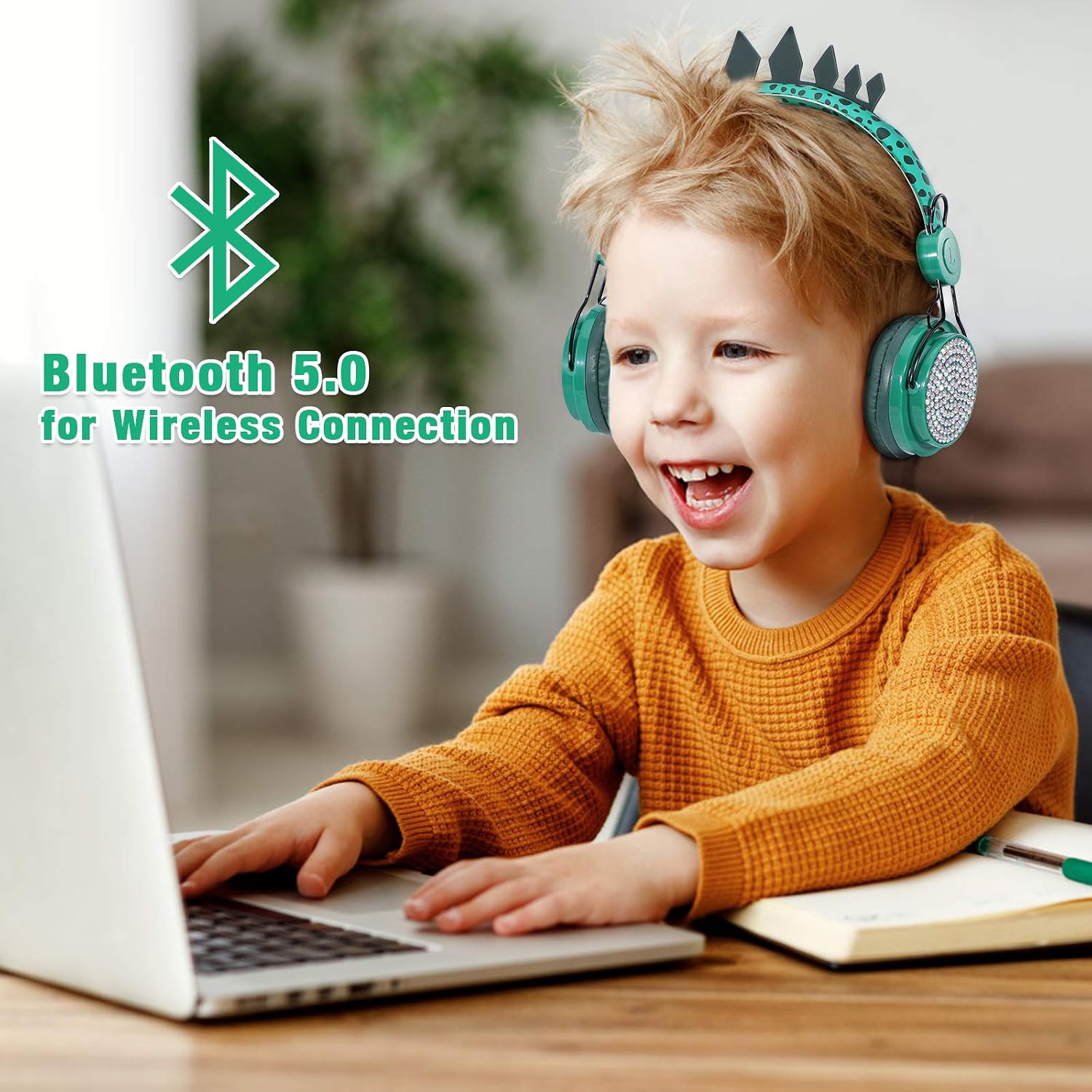 Kids Headphones Boys Wireless Bluetooth Headset w/Mic Over On Ear for School/pc/ipad,Dinosaur Headphones for Kids Children Girls, Volume Limited Adjustable Headset w/1pc Dinosaur Party Bag, Green