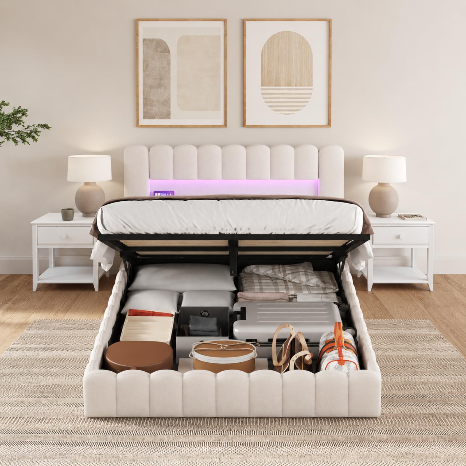 Fofetbfo Lit Coffre 140X200 cm, Bubble lit Double rembourré avec éclairage LED et Type-C et USB, LIt Capitonné avec Rangement, Cadre de lit hydraulique avec sommier à Latte, Lin (Beige, 140 x 200 cm)