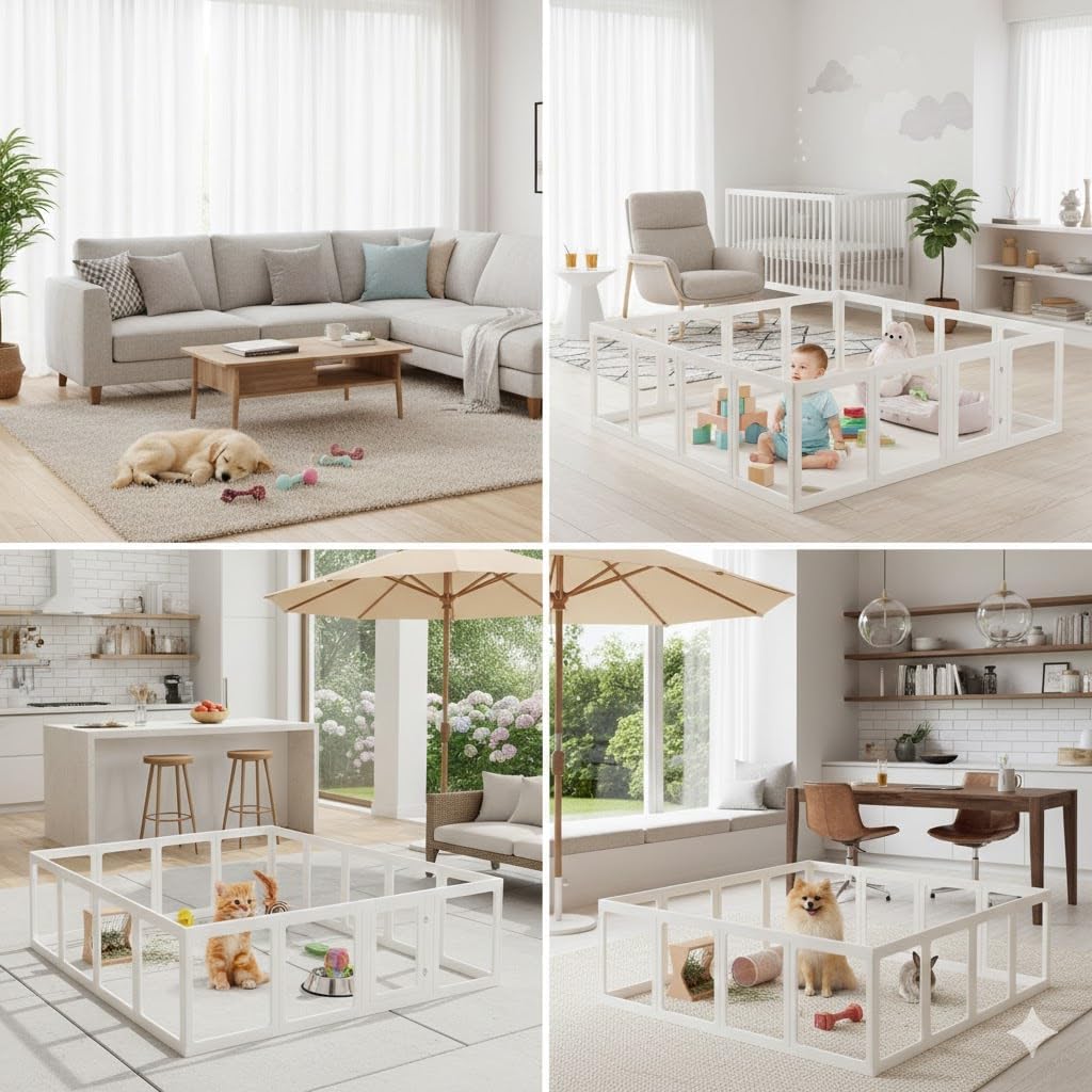 Clear Acrylic Dog Playpen with Door,23.6" Puppy Playpen,Easy Assemble Pet Fence for Puppies/Small Dog Play Pen Indoor (White, 23.6", 10 Panel)