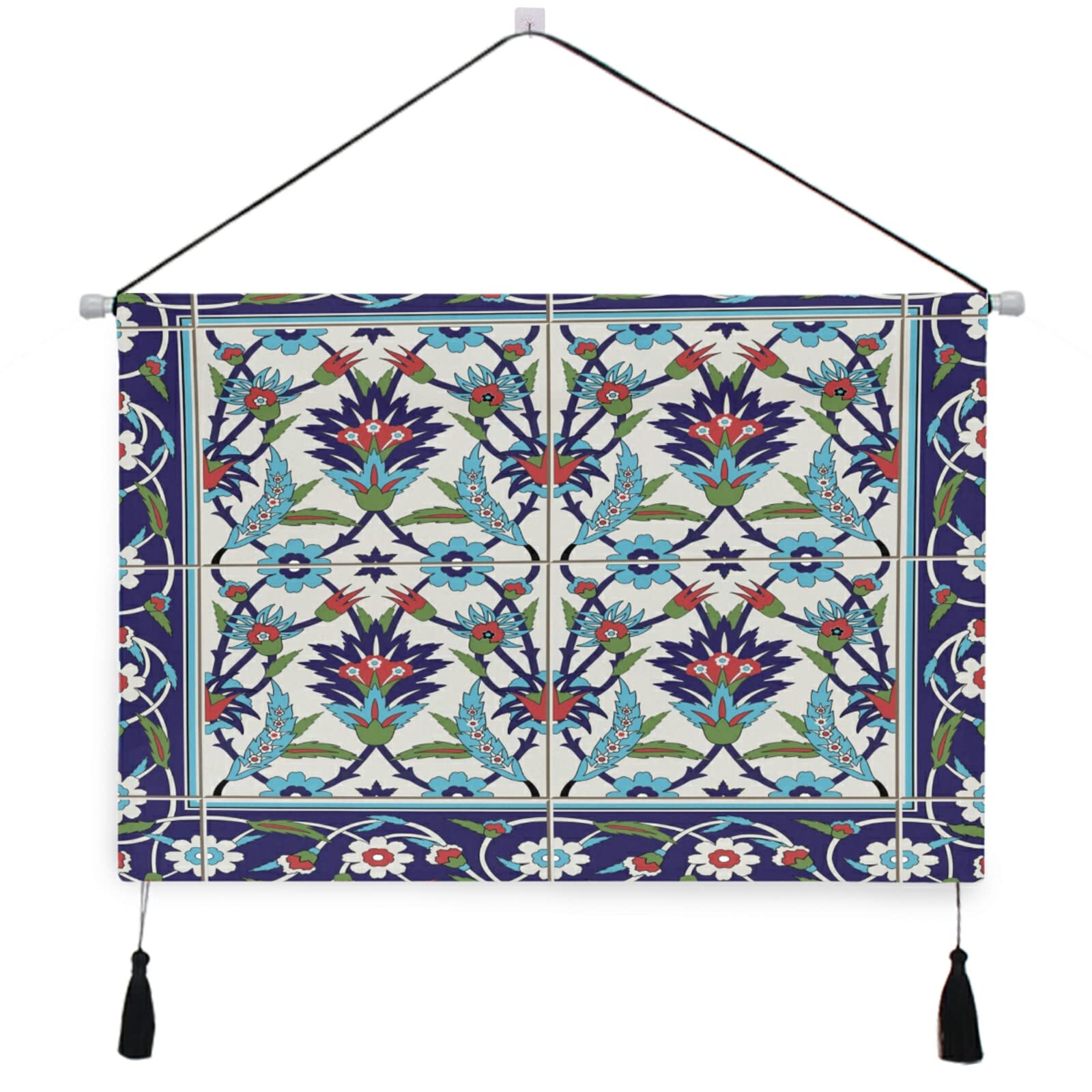 Poeticcity White Moroccan Portuguese Turkish Ornaments Tribal Ethnic Tiles Border Canvas Wall Art, Print Hanging Painting Poster, Artwork Ready To Hang 17.5"X24.5" Home Art Bedroom Living Room Decor