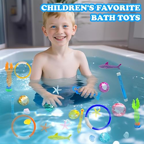 Miniatura 7 de Rileryan Juego de 36 piezas de piscina de buceo, anillos y palos de buceo, tesoro pirata, gemas de sirena subacuática, piscina de buceo con bolsa de