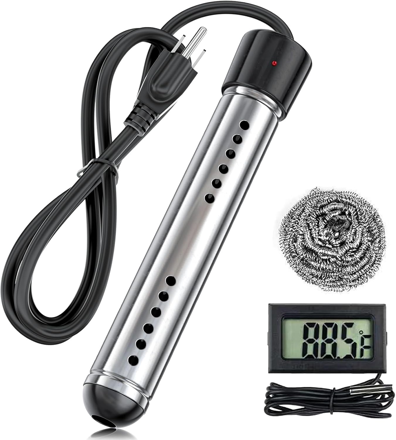 Portable Water Heater Electric, 2000W Immersion Water Heater with LCD Thermometer, Stainless Steel Immersion Heating Rod, Submersible Bucket Heater for Home Camping Bathtub Small Pool Outdoor Use Black
