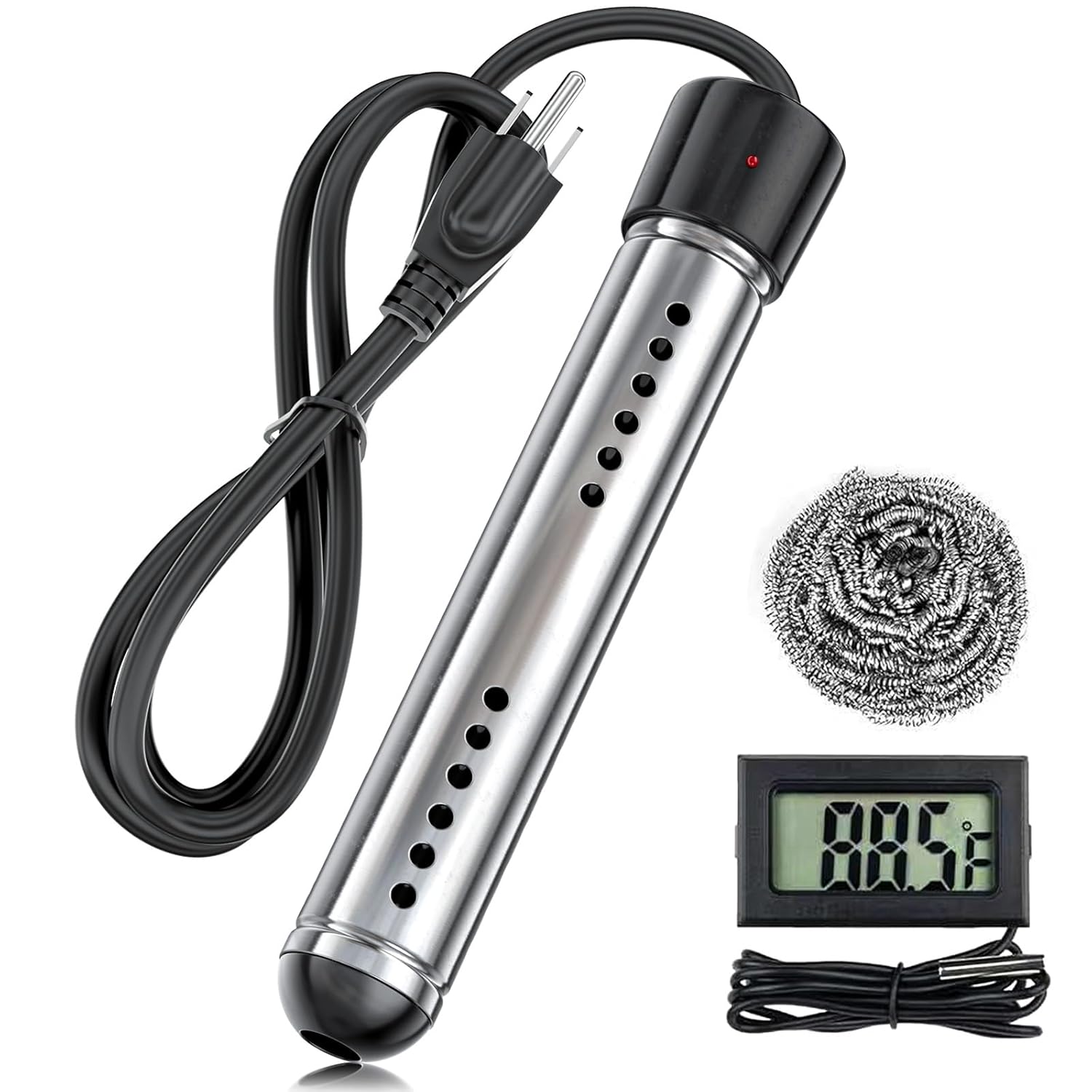 Portable Water Heater Electric, 2000W Immersion Water Heater with LCD Thermometer, Stainless Steel Immersion Heating Rod, Submersible Bucket Heater for Home Camping Bathtub Small Pool Outdoor Use