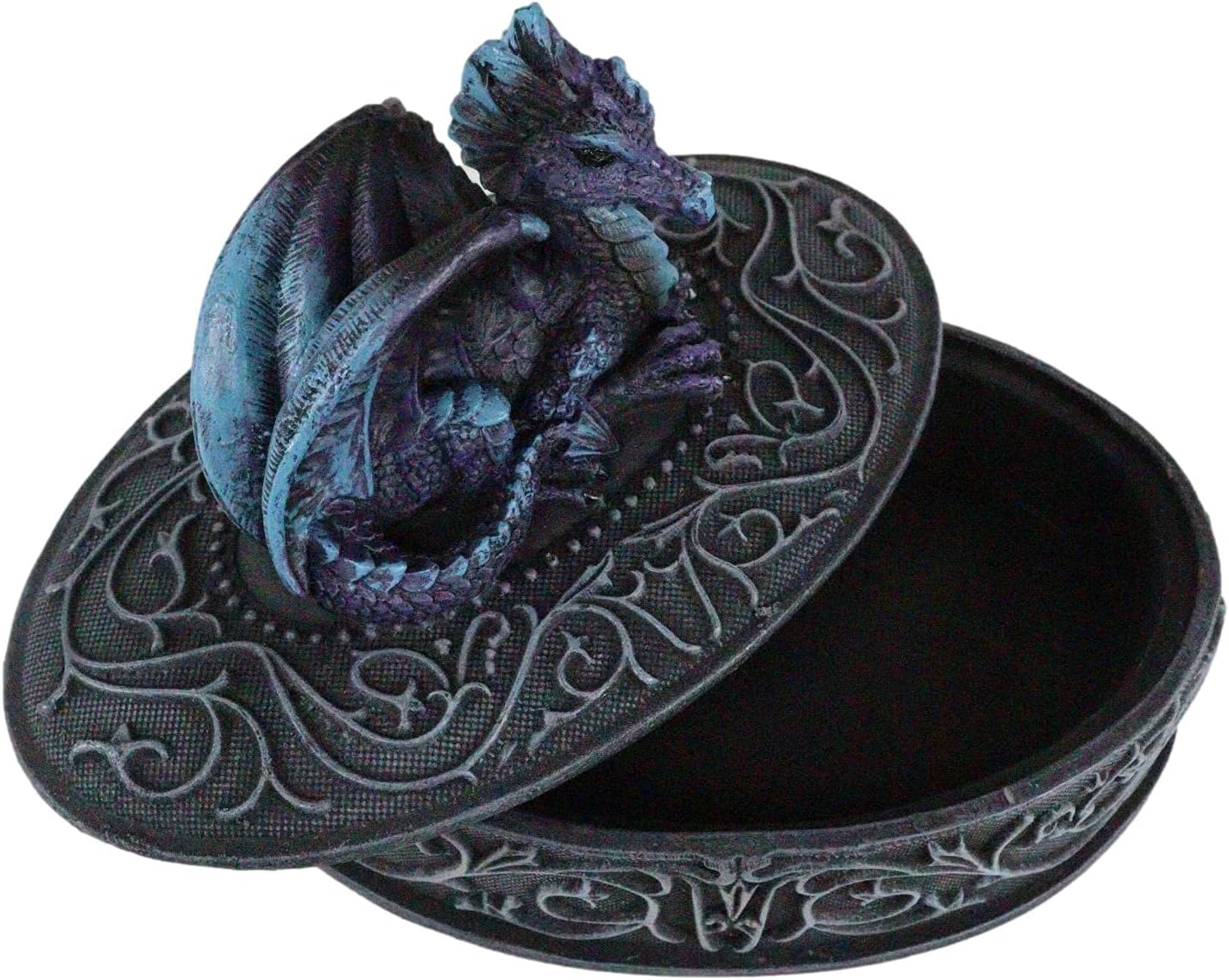 Ebros Medieval Fantasy Hatchling Twilight Blue Dragon In Repose Decorative Oval Trinket Box Figurine With Vines Scrollwork Dungeons And Dragons Jewelry Stash Statue