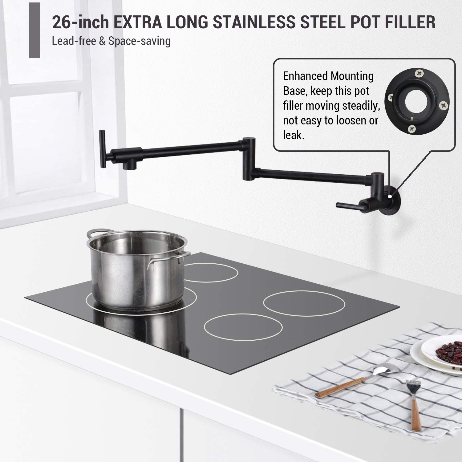 Grifo de llenado de pote KPF-13012B, montado en la pared de acero inoxidable resistente, relleno de olla de cocina con doble articulación elástica plegable brazo oscilante 2 manijas, negro mate