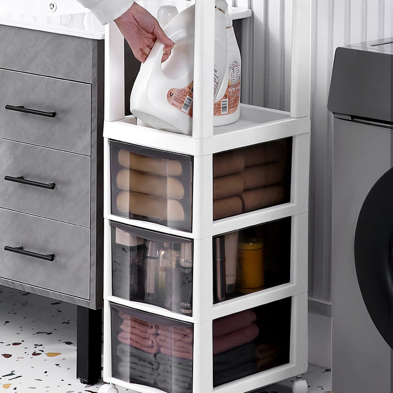 Cajones de almacenamiento apilables Gabinete de almacenamiento de baño Delgado con ruedas, Gabinete de piso de baño con ruedas angosto con cajón deslizable, Portarrollos