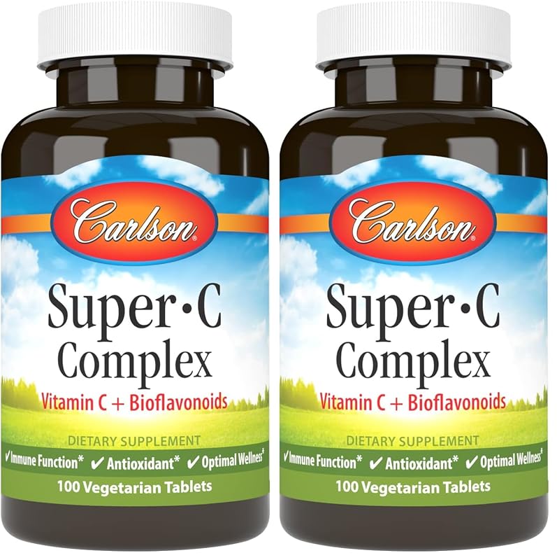 Carlson Super-C Complex, suplemento de vitamina C com bioflavonoides cítricos, 500 mg + 500 mg, pacote com 2 frascos de 100 comprimidos vegetarianos