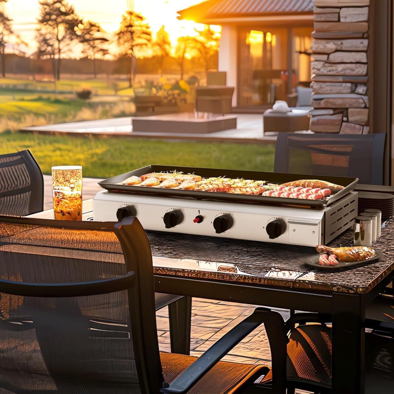 LEADZM Gasgrill, 4 Brennner 9.6KW - Ausgestattet mit einem 50-Mbar-Druckminderventil, Tischgrill für Camping, Garten & Strand