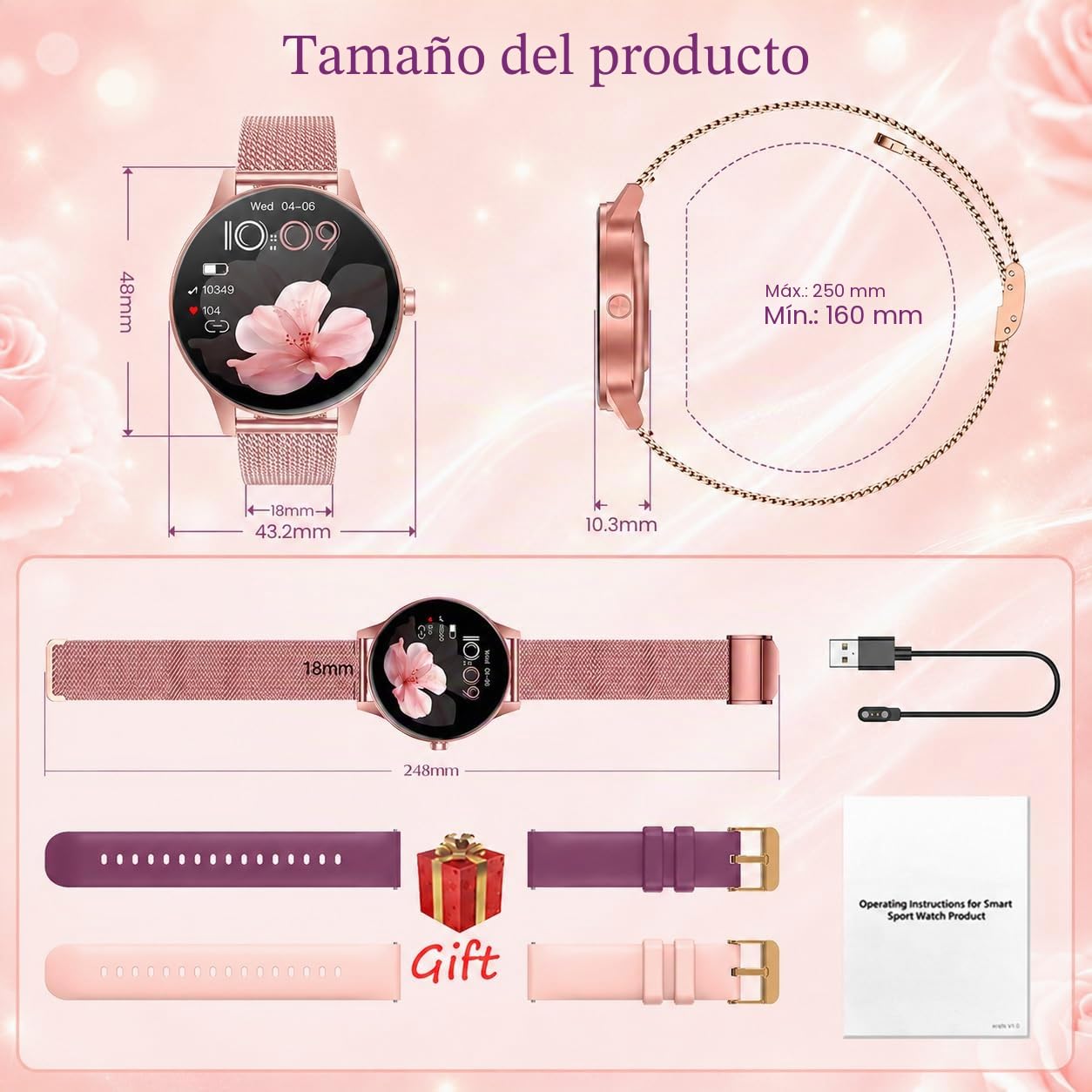 Reloj Inteligente Mujer Smartwatch con Llamada：1.27" TFT Smart Watch 280mAh Bluetooth IP68 Impermeable con Frecuencia Cardíaca SpO2 Sangre Presión Arterial Monitor Sueño 110+Deportivo para Android iOS