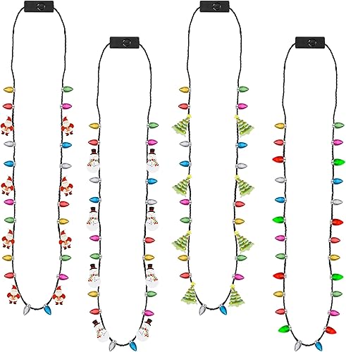 Collar de Navidad, 4 collares de Navidad iluminados, bombillas brillantes para árbol de Navidad, Papá Noel y bastón de caramelo, 3 modos coloridos