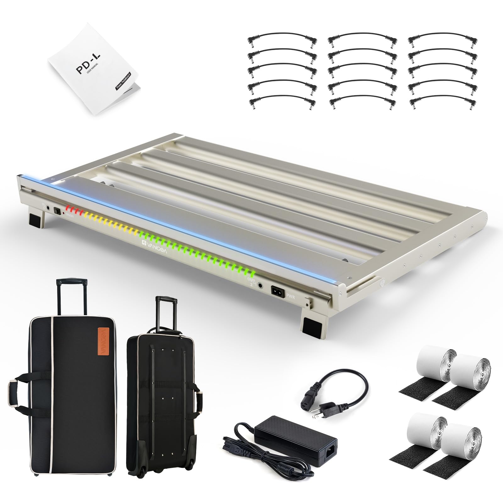 Vangoa Extra Large Guitar Pedal Board with Built-in Isolated Power Supply, Aluminum Alloy Folding Powered Guitar Pedalboard with Adjustable Light Bar with Wheeled Gig Bag, PD-L, 25.2"x13.8", Gray