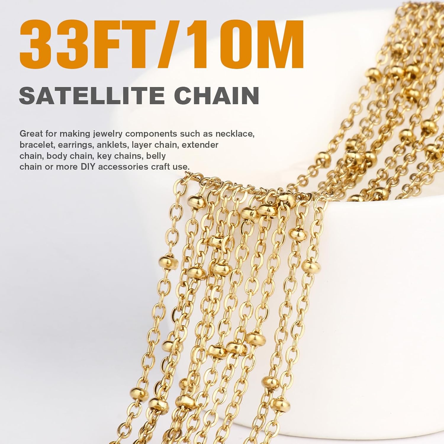 33 Feet 18K Gold PVD Plated Satellite Chain Roll, 2mm 304 Stainless Steel Gold Ball Beaded Cable Link Chains Spool Bulk for Jewelry Making DIY Craft - Image 3