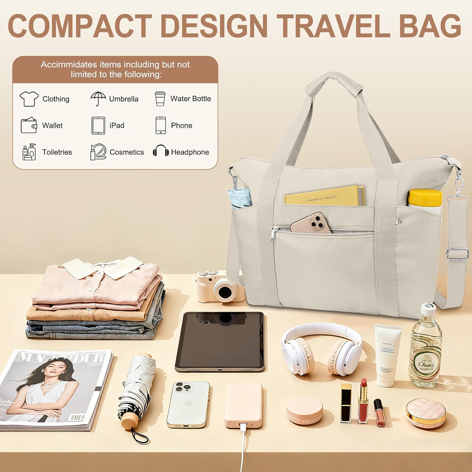 Small Travel Gym Duffel Bag for Women, Waterproof Nylon Weekender Overnight Bag Personal Item Carry on Bags for Airplanes Hospital Sports Fitness Dance Mommy Tote