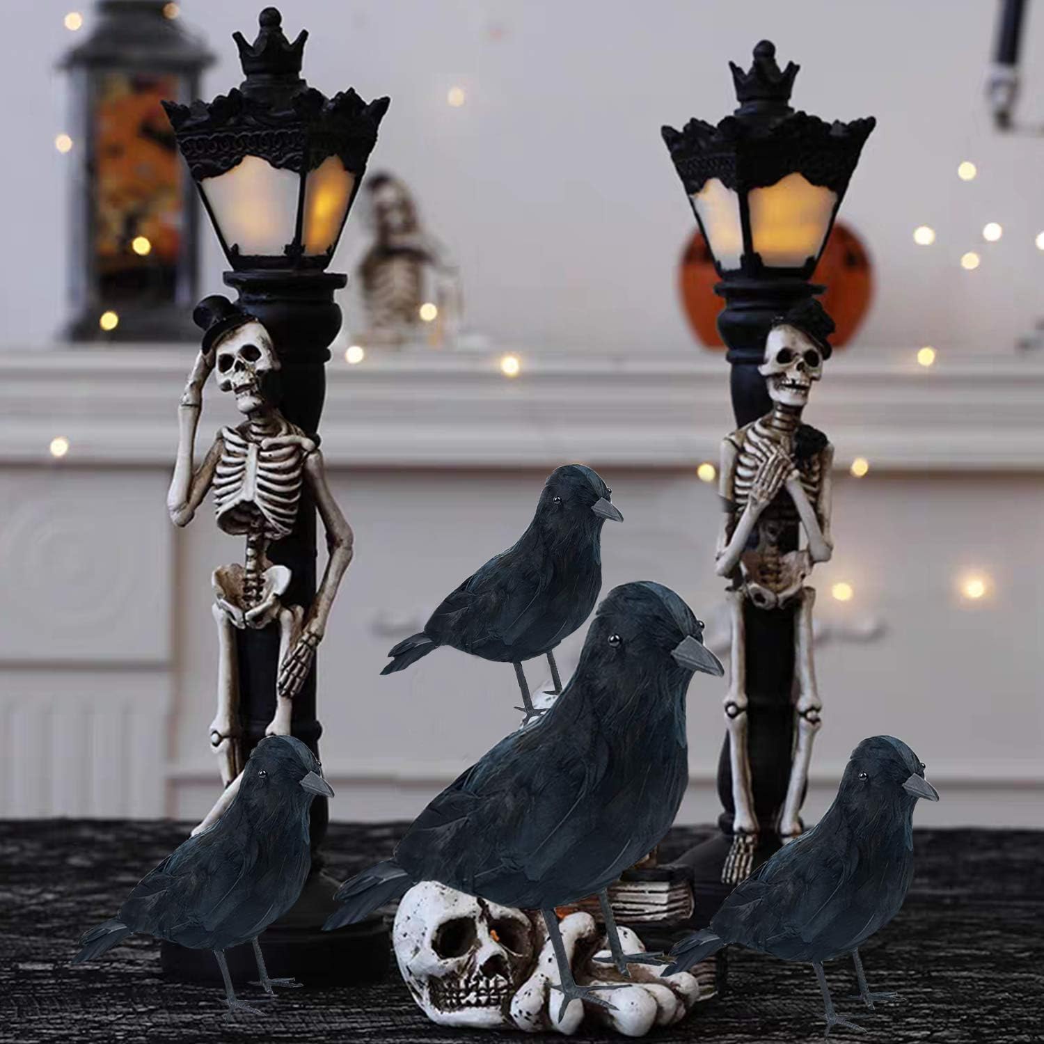 CREPRO Halloween Black Crows Large Realistic Feathered Crows Artificial Crow Halloween Handmade Feathered Crow for Halloween Indoor Outdoors Ravens Birds Decoration (8-12 inch)