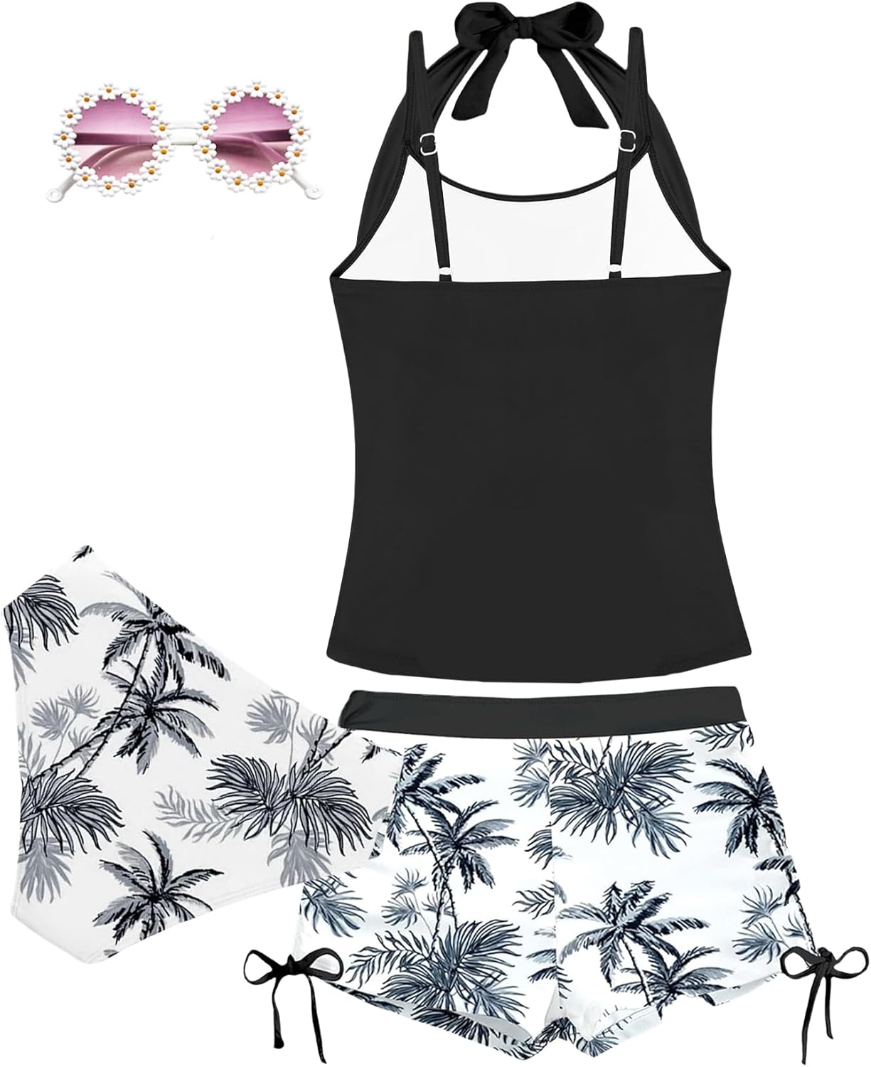 Minggo Girls Swimsuit 4 Piece Bathing Suit Halterneck Teen Girls Tankini Sets Swim Shorts with Sunglasses for 8-15Y