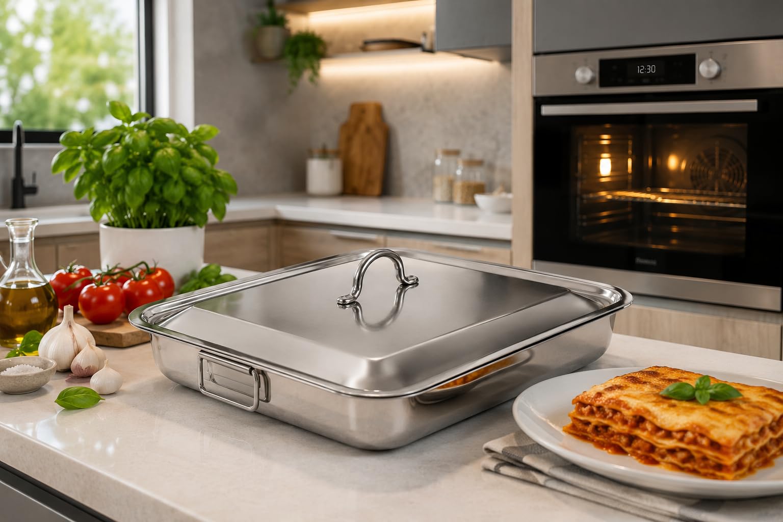 Inoxriv, Eatitaly Teglia da Forno Rettangolare con Coperchio, 40x32 cm, Acciaio Inox, Maniglie Ripiegabili, Made in Italy