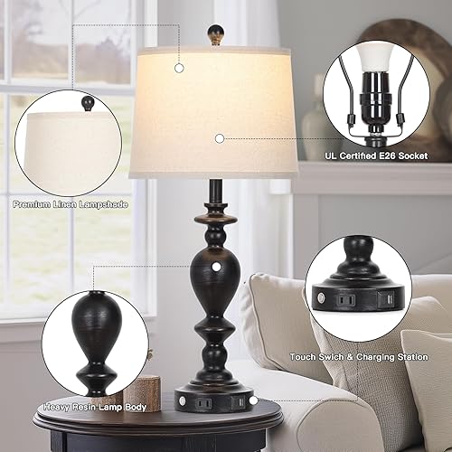 Miniatura 7 de Juego de 2 lámparas de mesa negras de 28 pulgadas con puertos USB C+A y salida de CA para sala de estar vintage, dormitorio rústico, lámpara táctil