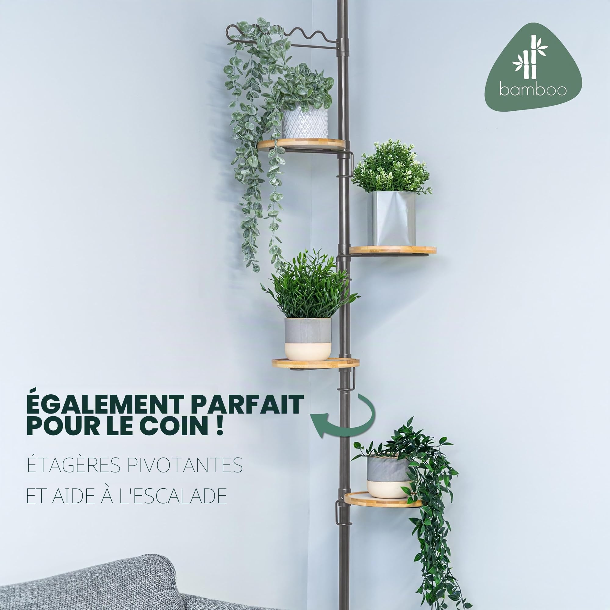 bremermann Étagère à fleurs télescopique avec 4 étagères et aide à l'escalade, adaptée à une utilisation dans le salon ou la cuisine - avec une hauteur d'installation de 140 à 290 cm, gris