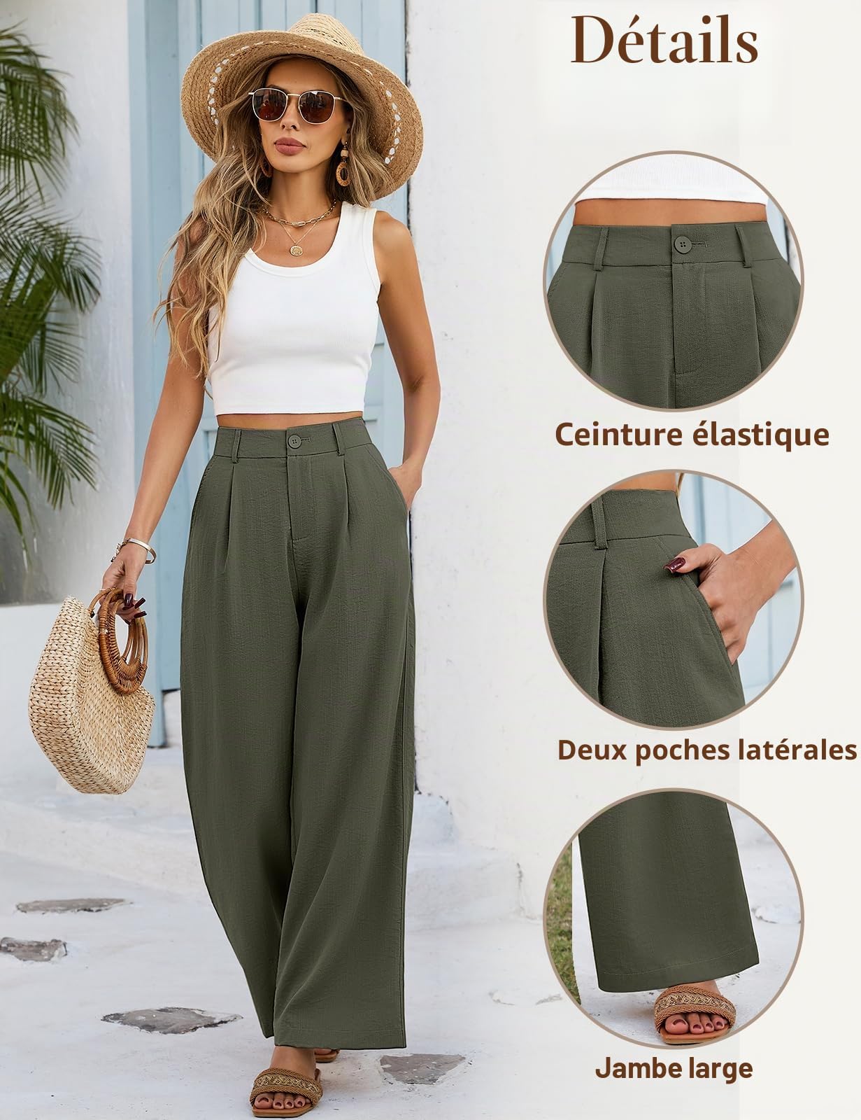 Pantalon Femme Été Fluide Pantalons Taille Haute Élastique Pantalon Jambes Larges Léger Ample Décontractée Palazzo Longueur Pants Chic et Elegant avec Poches