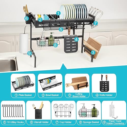 Miniatura 3 de GlowSol Escurridor de platos de acero inoxidable para colocar sobre el fregadero, escurridor de platos multifuncional ajustable para almacenamiento