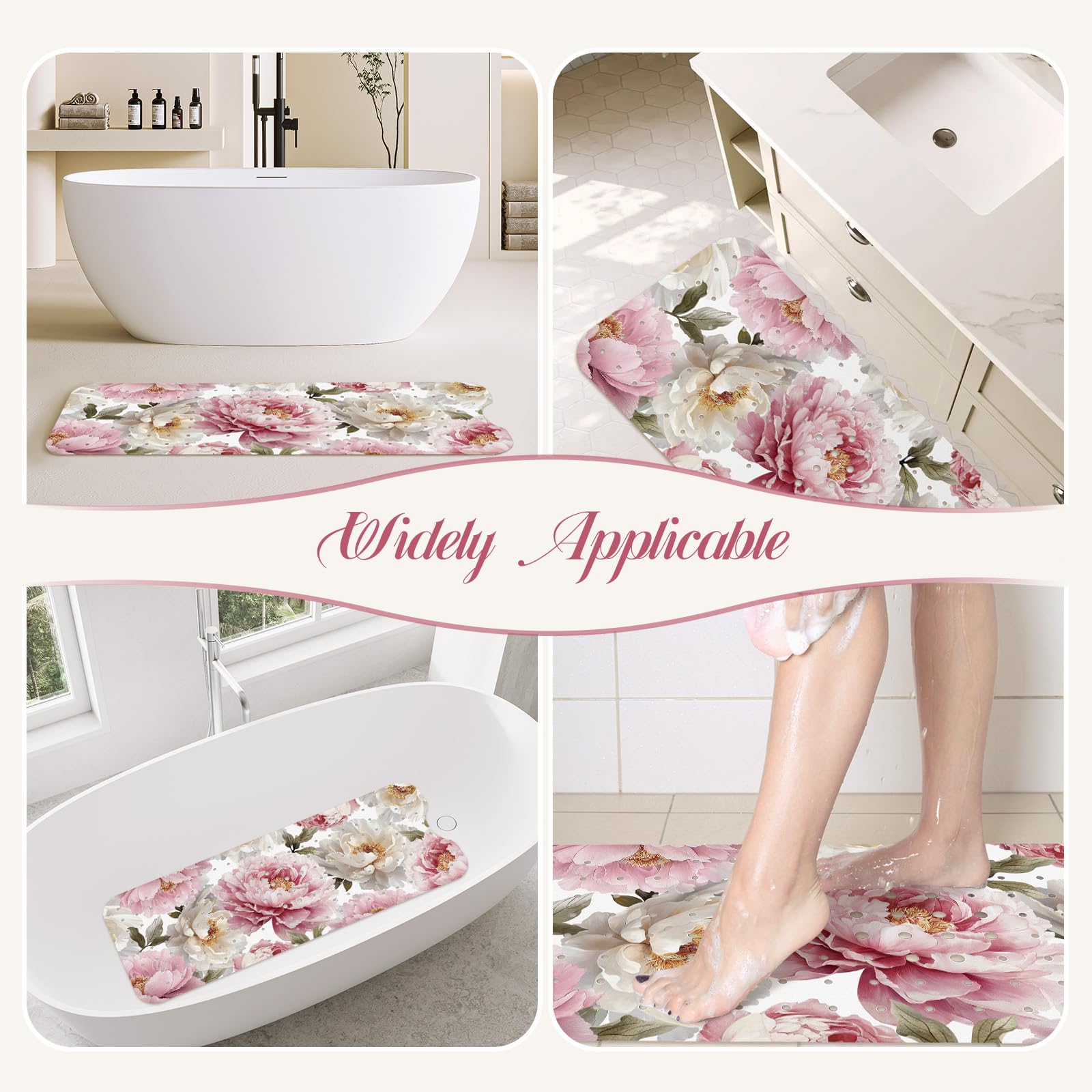 SHUCHING Tappetino Vasca Antiscivolo, Tappetino Doccia Antiscivolo Lungo 100x40cm, Tappeto Vasca da Bagno Antimuffa e Lavabile in Lavatrice, Peonie Vintage