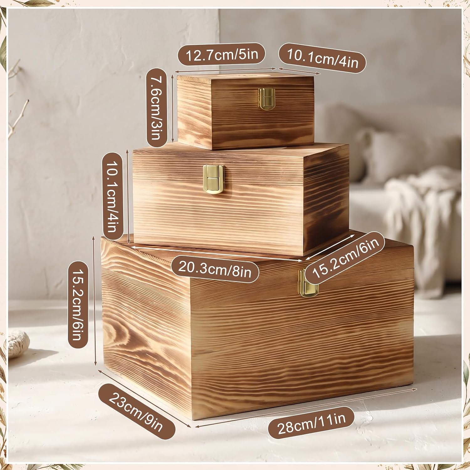 Novabright 3 Pack Wooden Keepsake Boxes, Brown, Pine Wood, Tree Print image 2