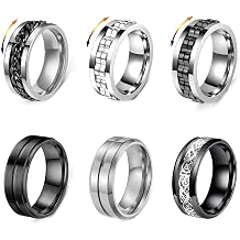 6 pcs Men Stainless Steel Spinner Ring Black Spinner Rings for Men Women Silver Anxiety Rings Mens Ring Set, 8mm Wide - Gift for Father's Day
