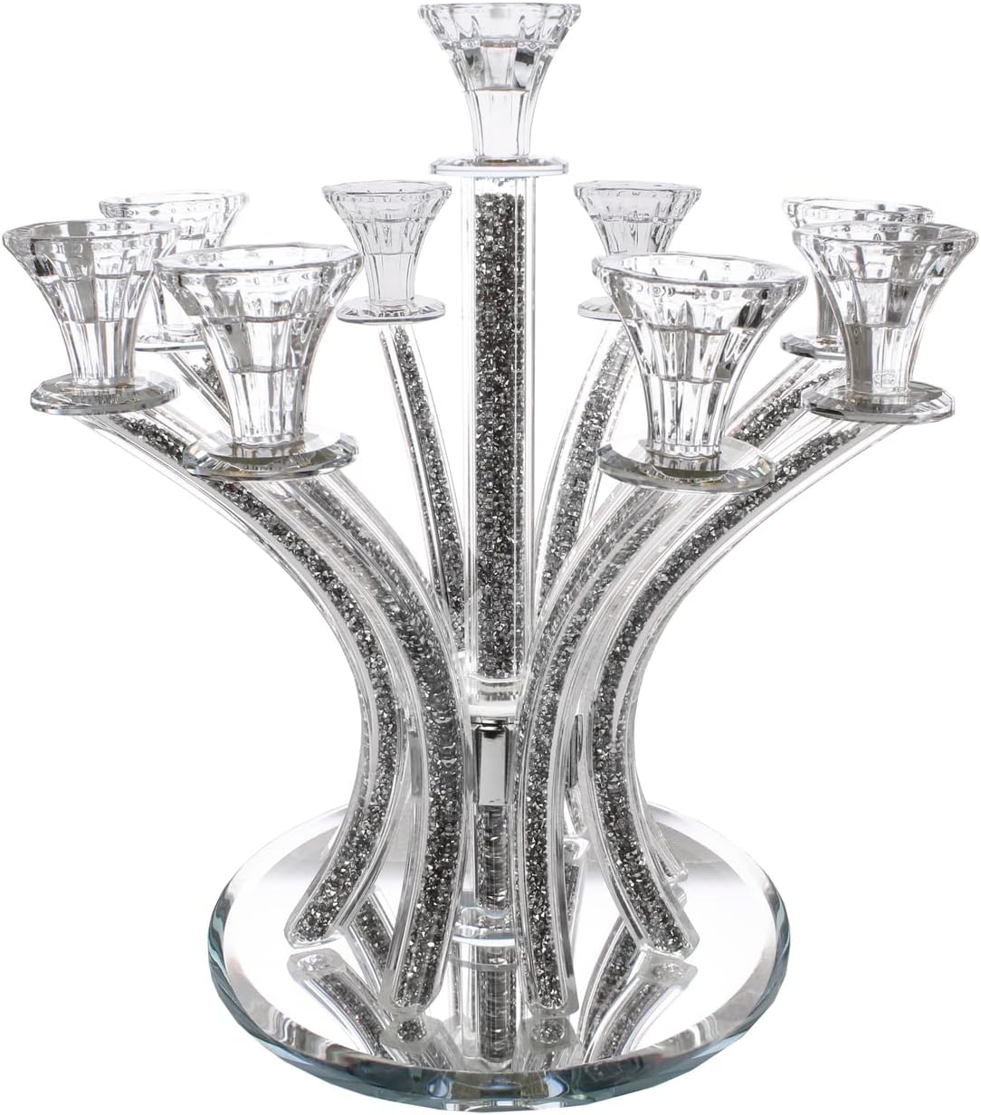 (D) Judaica Crystal Candelabra with Inner Net Design 9 Arms (Gold)