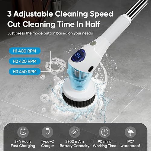 Miniatura 3 de Asknoon - Limpiador eléctrico giratorio inalámbrico, de potencia mejorada, 8 cabezales de repuesto, limpiador de baño ajustable de 1.5 horas, 3